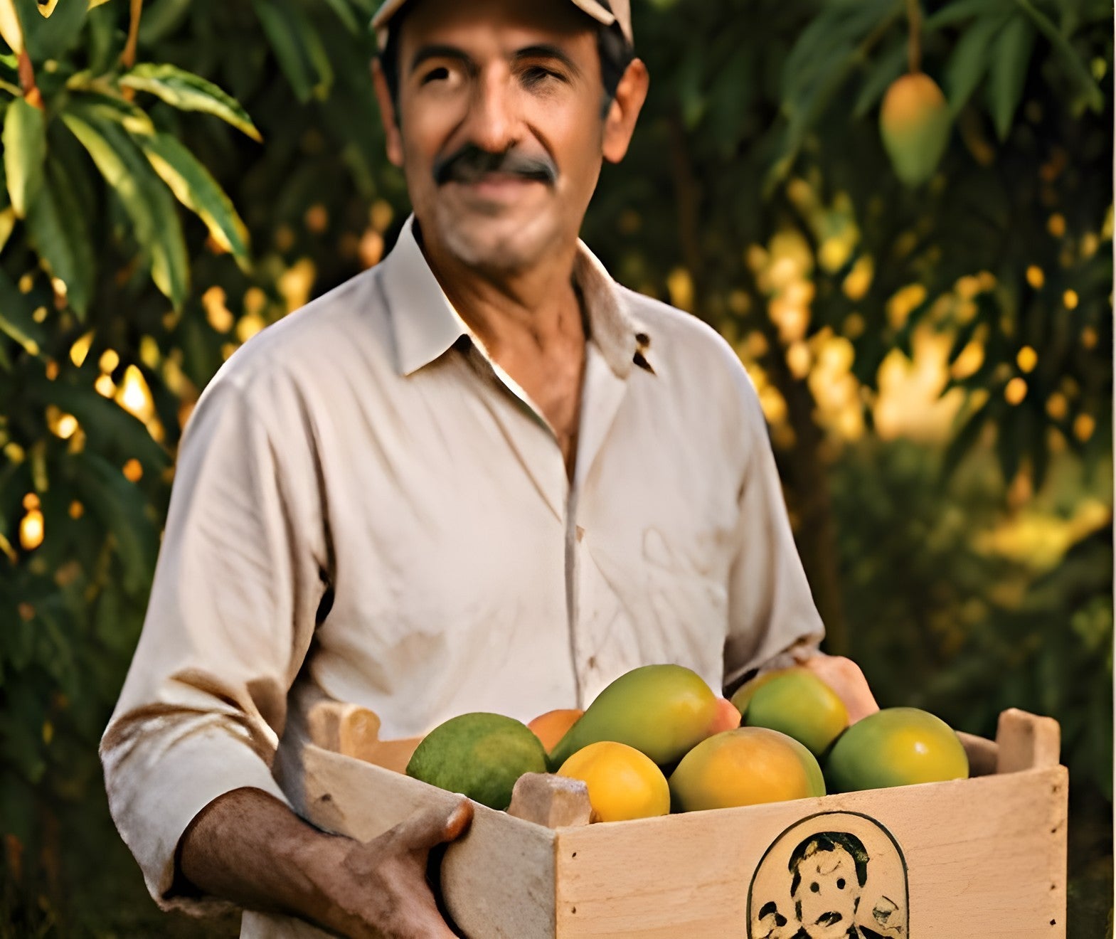 Farmer holding crate of fresh mangoes